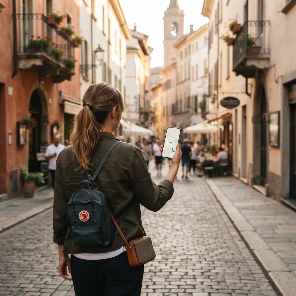 A traveller following a Leplace tour on their phone in a historic street